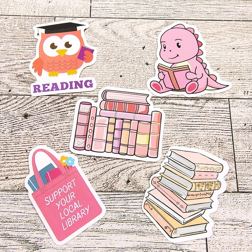 Reading & Library 5pc Sticker Bundle:‎ Owl, Dinosaur, Book Stacks, Library Tote